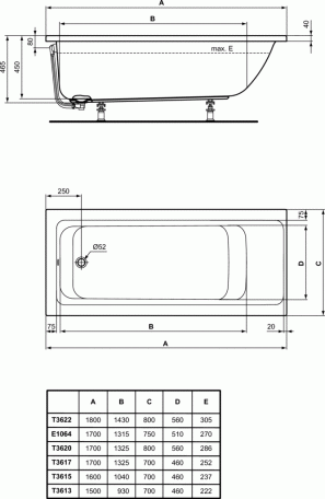 Правоъгълна вана за вграждане Connect Air 180x80см